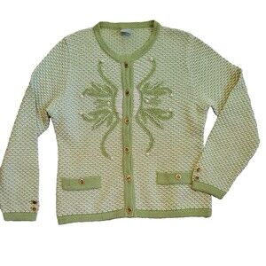 Astri Sweater Cardigan Women Medium Green Beaded Made in Italy Cottage Preppy
